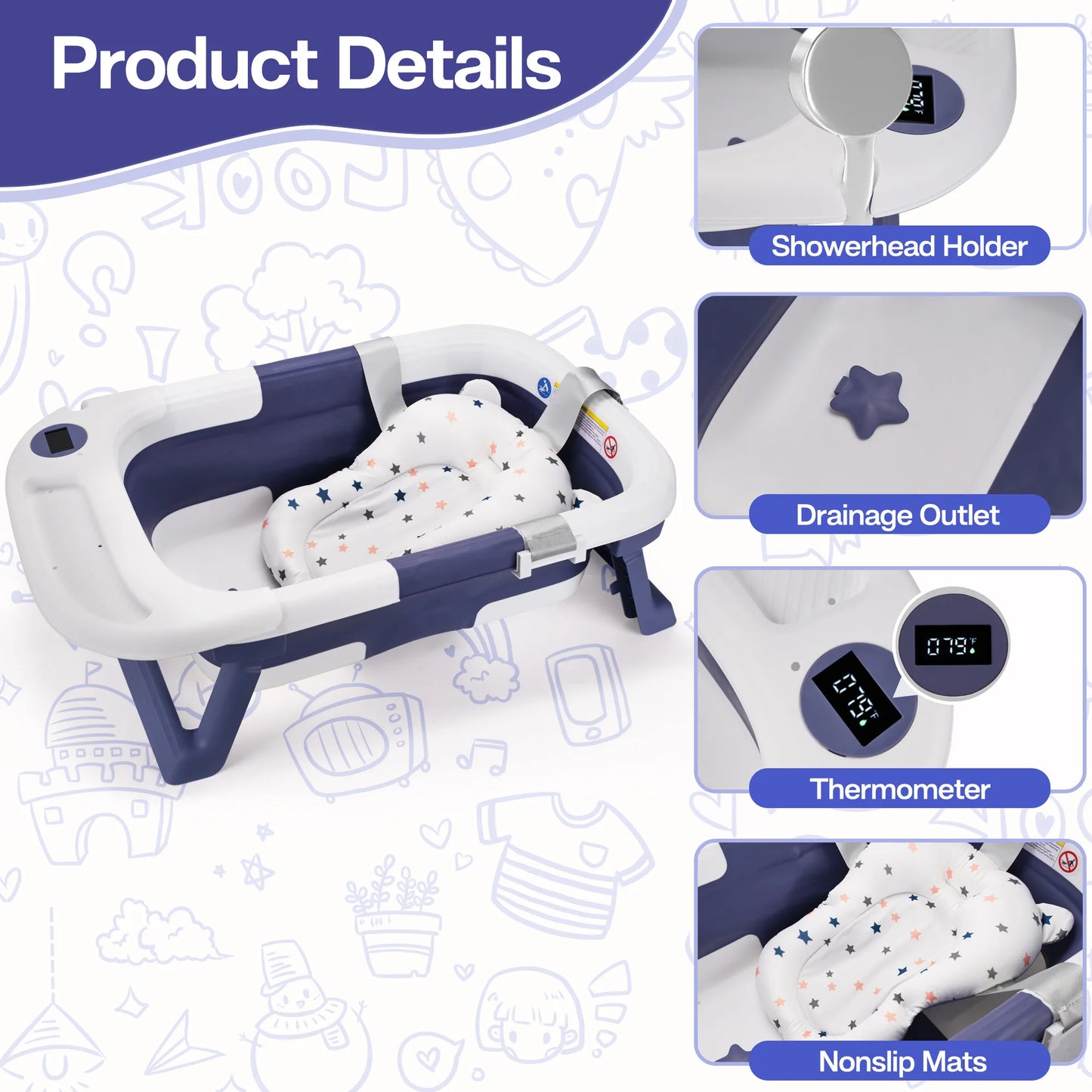 Baby Bathtub with Soft Cushion & Thermometer – Safe & Comfortable Bathing from Newborn to Toddler!